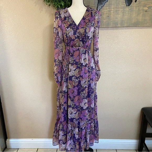 NWOT Lulus Feeling Sweet Purple Floral Print Long Sleeve Wrap Maxi Dress - Picture 3 of 12
